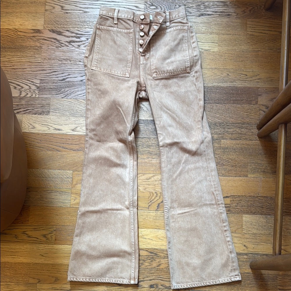 Tan Flared Ulla Johnson Button-Up Jeans with patch pockets